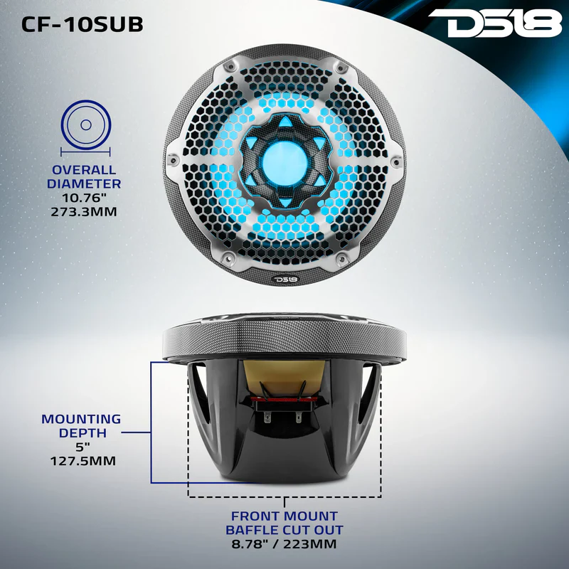 CF-10SUB NXL 10" Marine Subwoofer With LED RGB Lights 300 Watts Rms SVC 4-Ohm -Black Carbon Fiber - Image 9