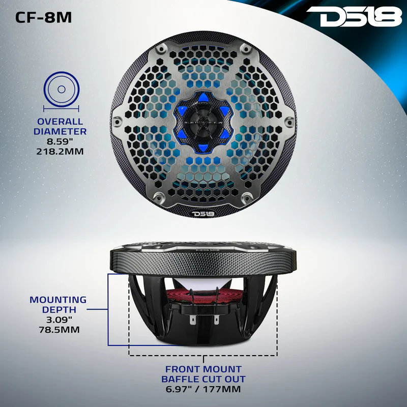 CF-8M NXL 8" 2-Way Coaxial Marine Speaker With LED RGB Lights 125 Watts Rms 4-Ohm - Black Carbon Fiber - Image 11